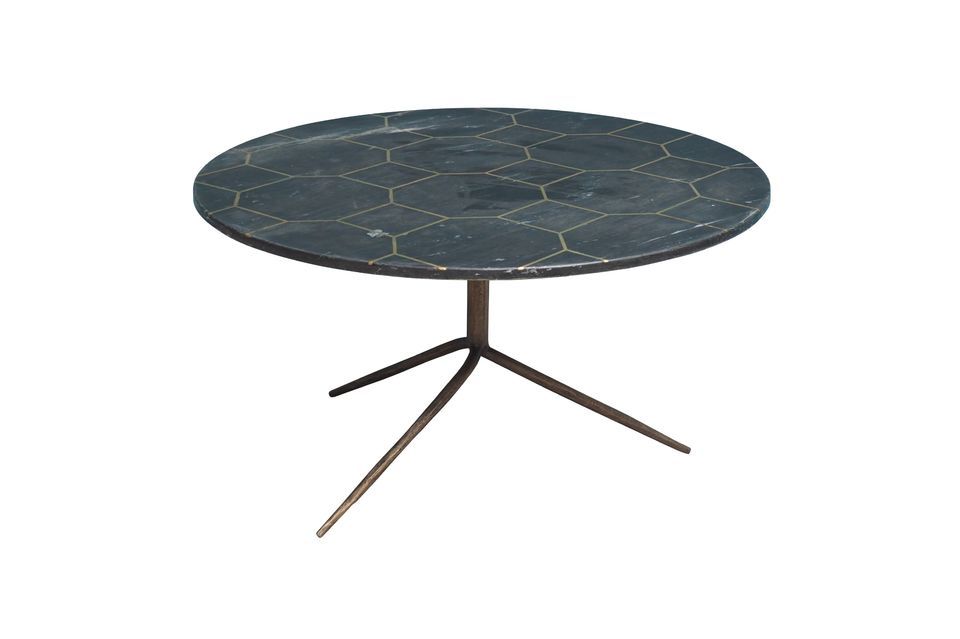 Dieser Tisch hat eine runde Form und eine Platte aus grauem Marmor