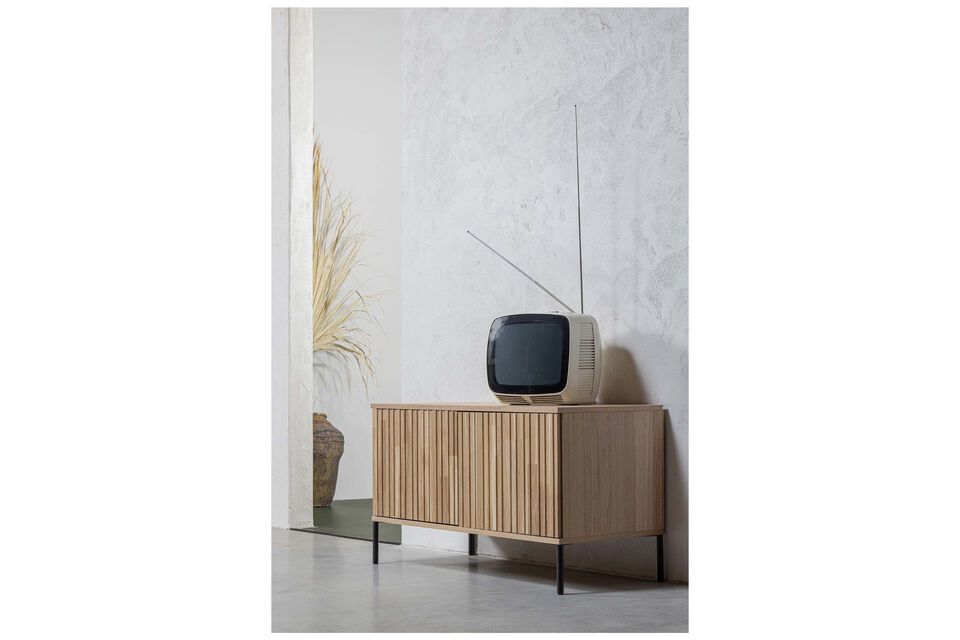 TV-Möbel New, beigefarbenes Eichenfurnier und schwarzes Metall, praktisch und vielseitig einsetzbar